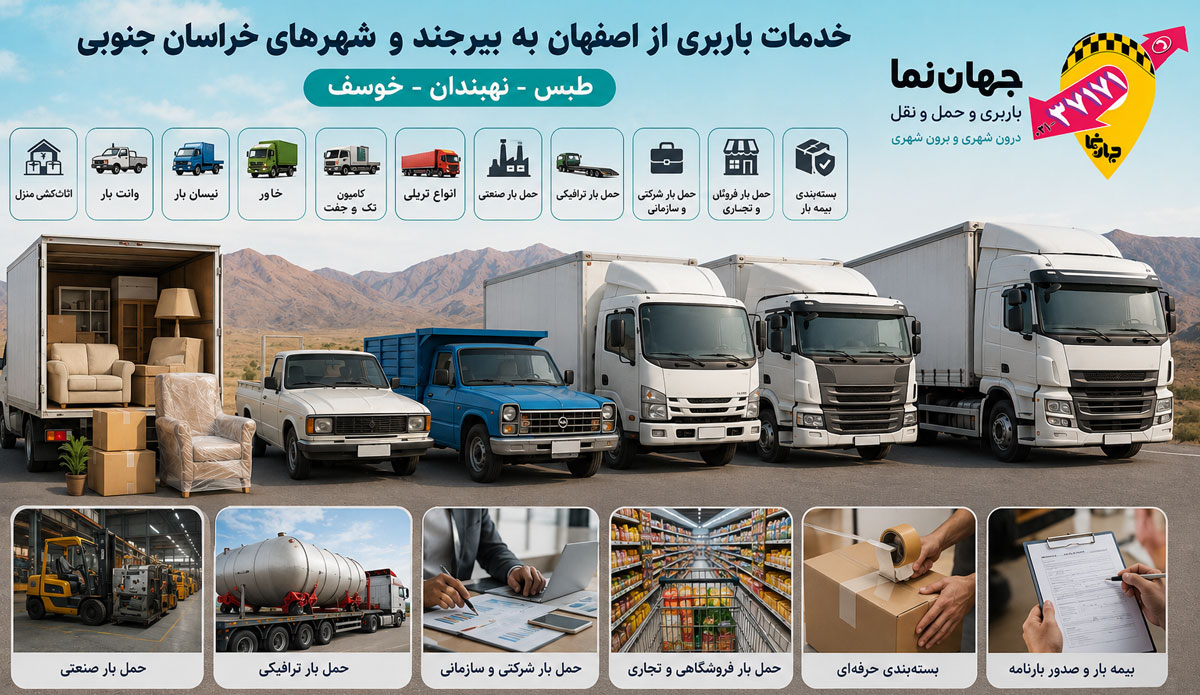 خدمات باربری از اصفهان به بیرجند و شهر های طبس، نهبندان، خوسف